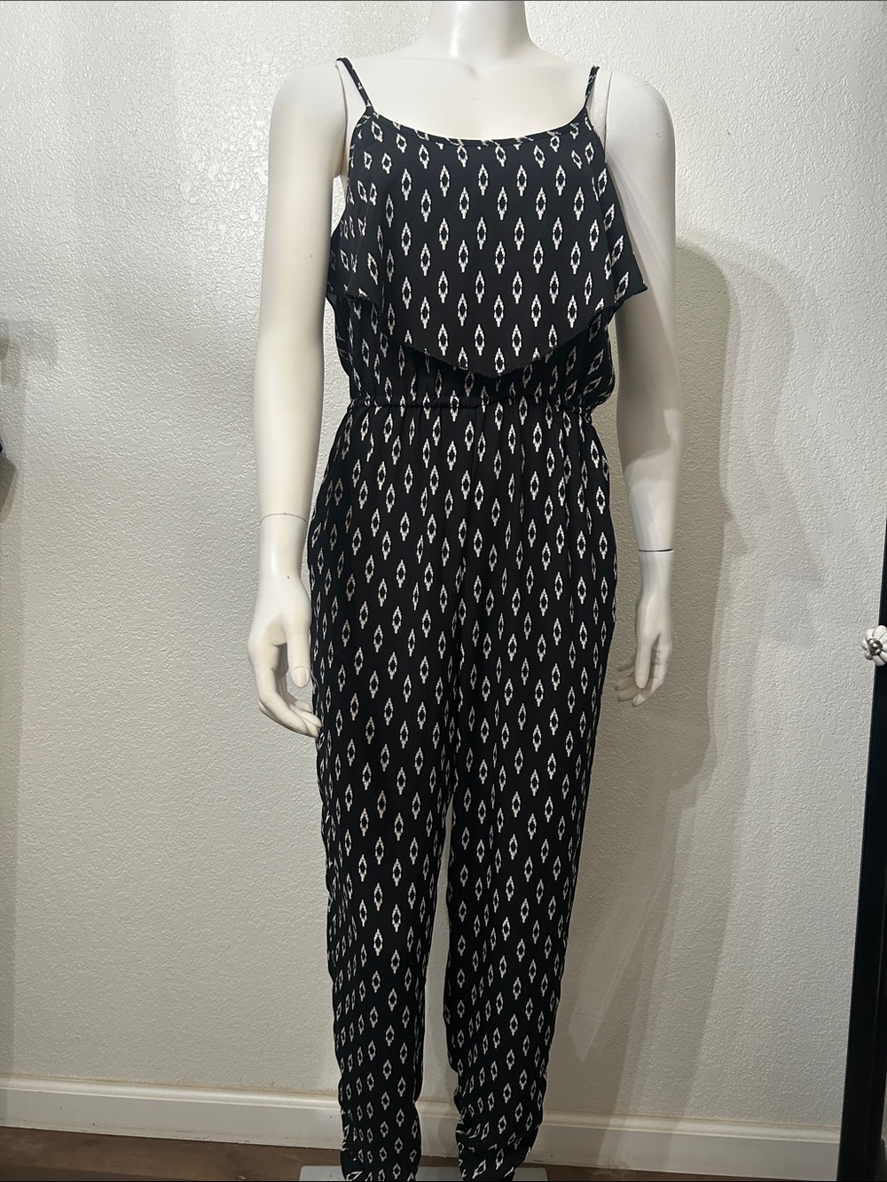 Black Diamond-Print Spaghetti-Strap Jumpsuit